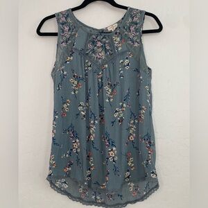 Mason&Bella Top Women Medium Light Teal Floral Print Embroidered Flowy tank Top